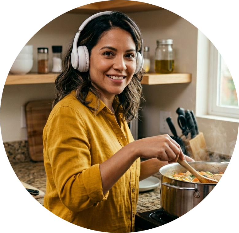 Woman cooking while listening to audio Bible