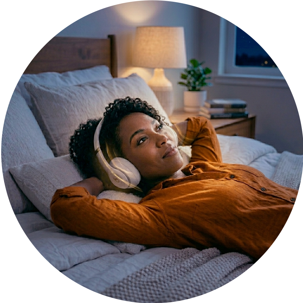 Woman listening to audio Bible on bed